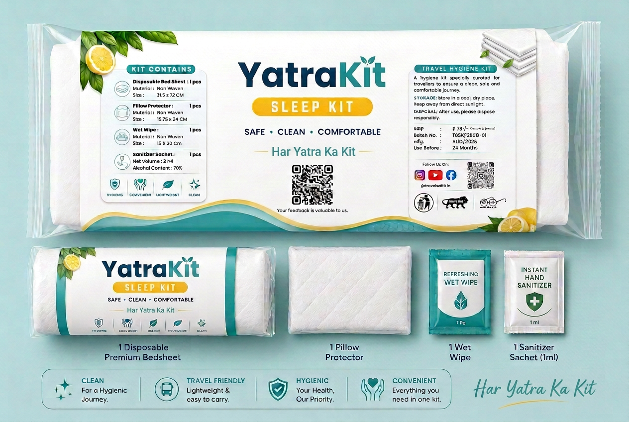YatraKit Sleep Kit with a disposable bed sheet, pillow protector, wet wipe and sanitizer sachet